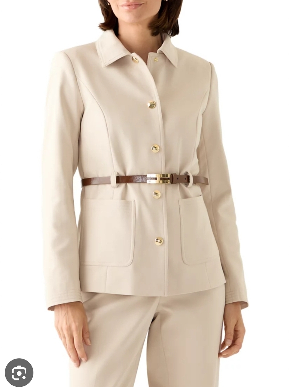 Halston Cream Jacket with Brown Belt and Gold Buttons Blazer Size 10